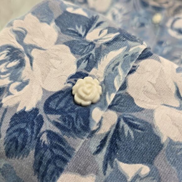 Vintage Shirt Womens Large 80s 90s Blue White Floral Tee Button Flower Buttons - Picture 9 of 15